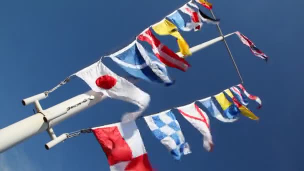 Flags of different countries on mast and ropes flapping in wind — Stock Video