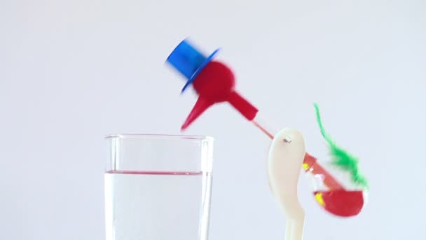 Bird roly-poly drinking water from glass — Stock Video