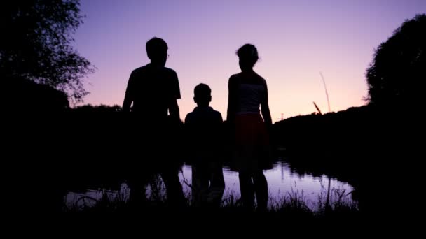 Familie hält Händchen und blickt auf Teich — Stockvideo