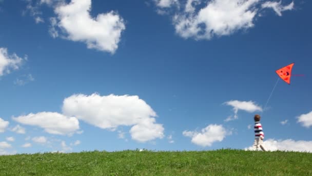 Garçon va avec cerf-volant orange sur la colline — Video