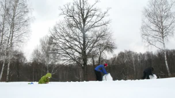 Barn och pappa spela i snö skulptera snögubbe, tidsinställd — Stockvideo