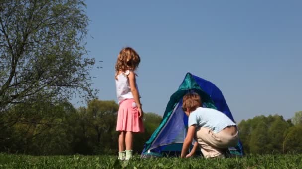 Мальчик и девочка расставили палатку в лесу — стоковое видео