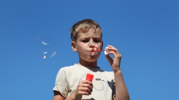 Junge bläst große Blasen auf — Stockvideo