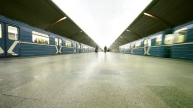 insanlar metro istasyonu platformunda, iki tren varmak ve bırakın. kamera uzak tutar. zaman atlamalı.