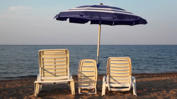Stühle in drei Größen stehen unter Sonnenschirm am Strand — Stockvideo