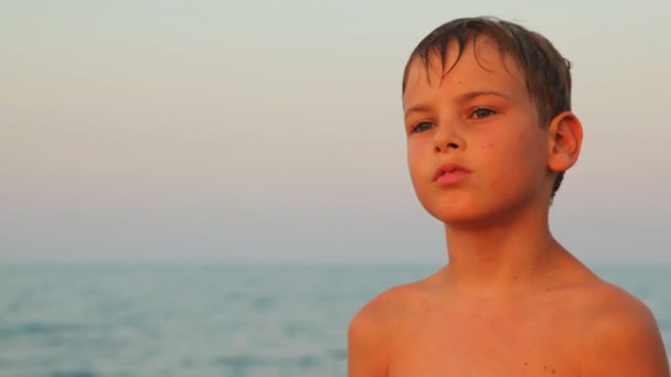 Маленький мальчик стоит у моря и поворачивает назад — стоковое видео