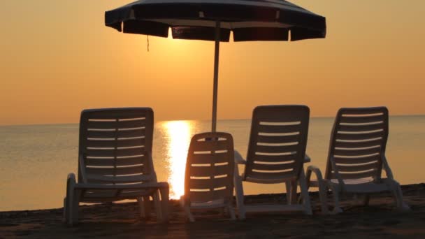 Family came and sits on chaise-longues on beach — Stock Video