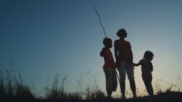 Mother and kids standing on hill, boy holding long thin stick — Stock Video