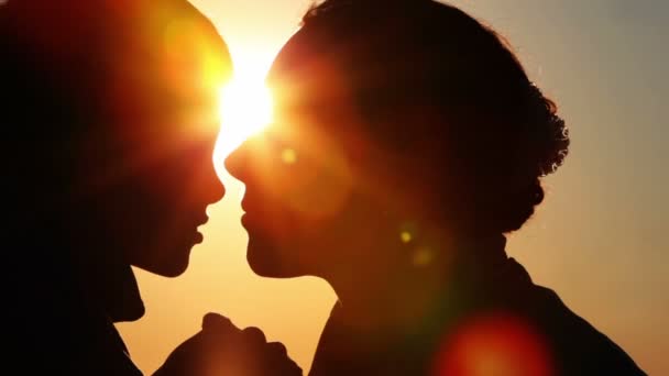 Silhouettes of mother and her son heads, nouse to nouse and holding hands — Stock Video