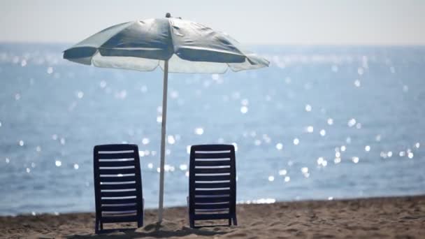 Two deckchairs stand on beach under parasol — Stock Video