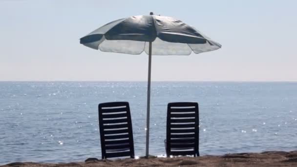 Два пустых шезлонга стоят на пляже под зонтиком — стоковое видео