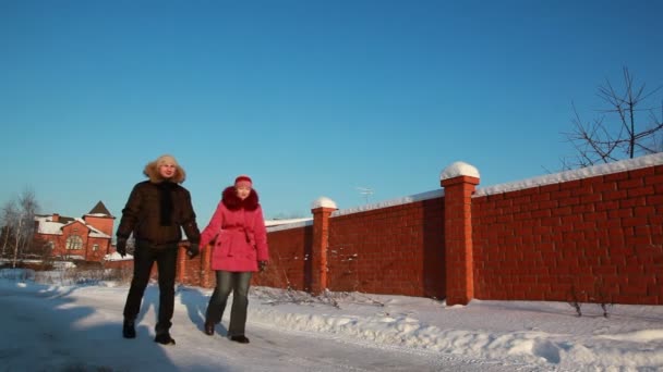 Mulher e homem andando ao ar livre no inverno, casa — Vídeo de Stock
