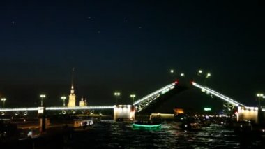 neva ışıklarla aydınlatılmış üzerinde yükseltilmiş asma köprü-gece