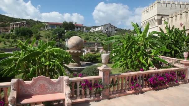 Park in medieval castle, stone balustrades are all along park — Stock Video