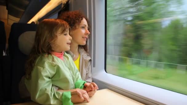 Moeder met dochter ride in snel rijdende trein en kijken naar venster — Stockvideo