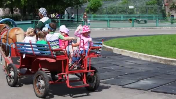 Crianças montam em carrinho vermelho com um cavalo marrom no parque — Vídeo de Stock