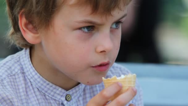 Chlapec jíst zmrzlinu a sedět na lavičce v parku — Stock video