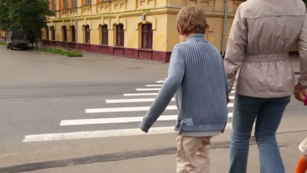 Anya és a gyerekek megy gyalogos átkelés közúton autó után — Stock videók