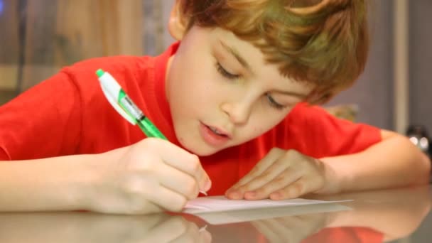 Boy writes something very attentively — Stock Video