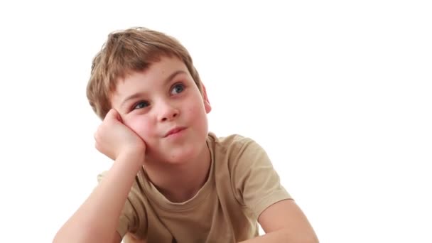 Little boy sits leaning to right or left hand, then takes bouquet roses and puts them in front of camera — Stock Video