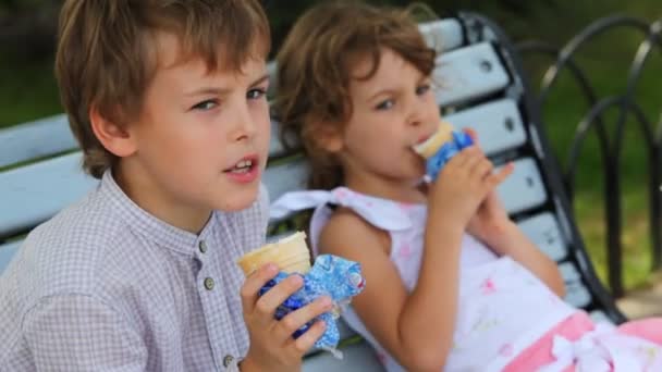 Kız ile oğlan dondurma yemek ve parkta bankta oturmak — Stok video