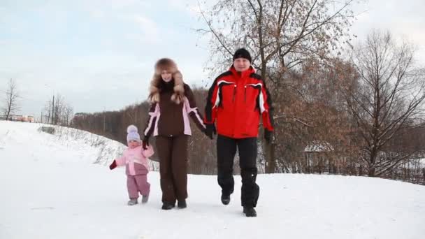 Les parents et la petite fille marchent et se rapprochent — Video