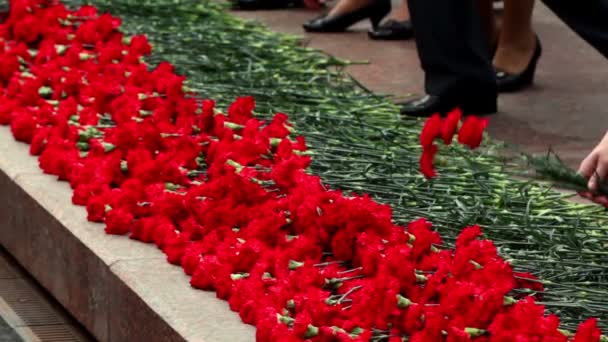 Mensen zetten rode bloem op ceremony, alleen benen zichtbaar zijn — Stockvideo