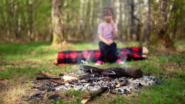 Dziewczynka siedzi na dziennika i oglądać w ognisku palić — Wideo stockowe