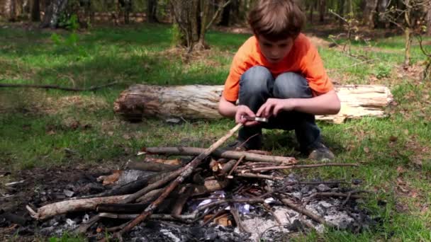 Kleine jongen zitten en neerzetten wedstrijden aan bonfire — Stockvideo
