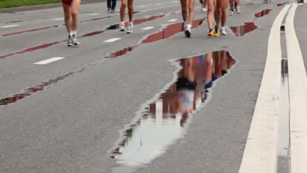 La gente corre tra le pozzanghere su asfalto con segnaletica stradale alla XXX Moscow International Peace Marathon — Video Stock