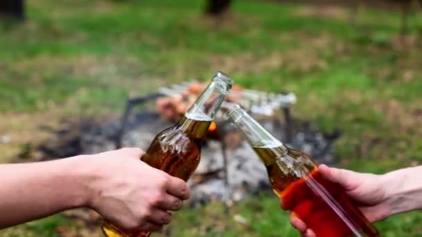 Two hands clink bottles with beer, at background of kebab on bonfire — Stock Video