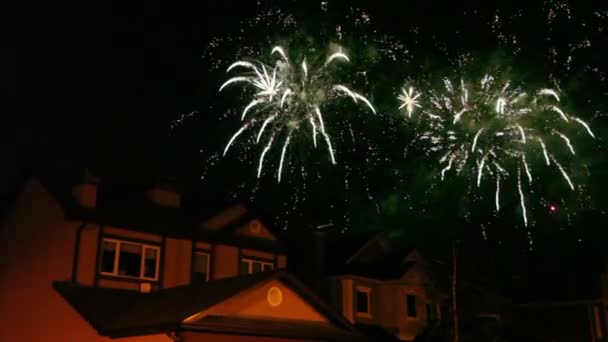 Фейерверки сверкают на темном небе над крышами нескольких домов — стоковое видео