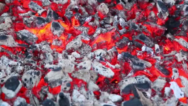 Smeulende sintels met kleine hoeveelheid rook en vuur — Stockvideo