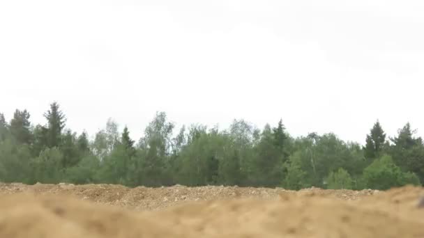 Bike racers pass near cameraman in front of forest — Stock Video