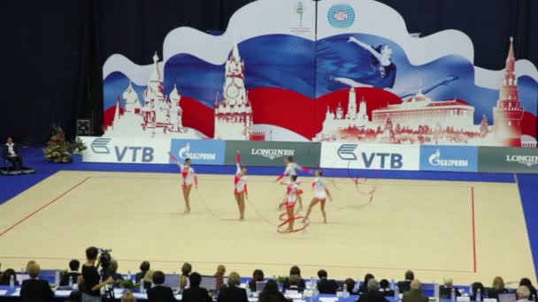 End of team performance with ribbons on World Rhythmic Gymnastics Championships — Stock Video