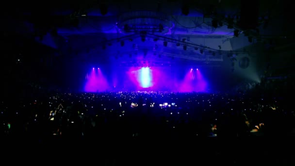 Mucha gente en el estadio grande en la fiesta rave — Vídeos de Stock