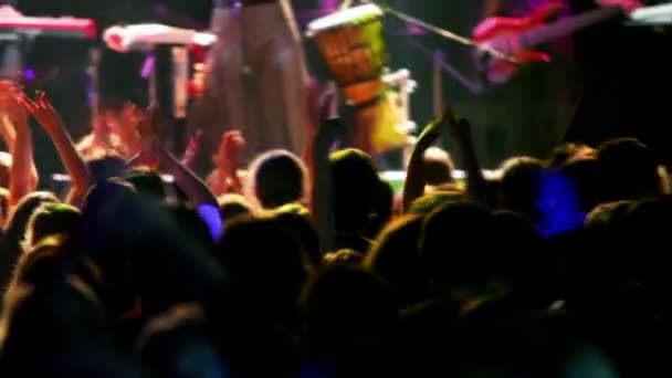 Beaucoup de gens applaudissent au concert, vue de derrière — Video