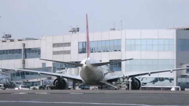 Werknemers laden vlak achter de passerende vliegtuigen op luchthaven domodedovo — Stockvideo