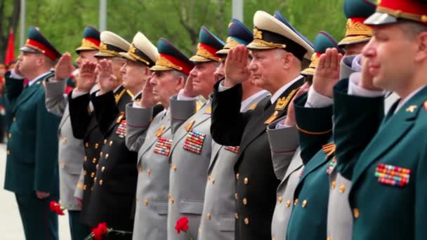 Ветераны высшего командования стоят и приветствуют на церемонии возложения венка, могила неизвестных солдат — стоковое видео