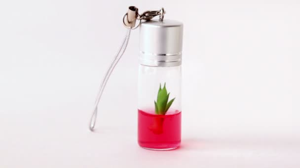 Herb in small bottle with red gel rotates slowly — Stock Video