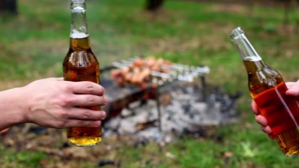 Two hands clink bottles with beer twice, at background of kebab on bonfire — Stock Video