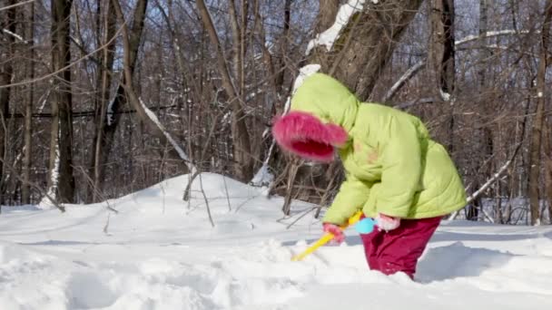 Little girl in winter coat snow shovel digs and throws it up — Stock Video