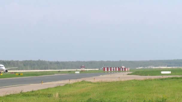 滑走路は示されている緑鮮やかな草のうその近隣には、飛行機が滑走路に行く — ストック動画