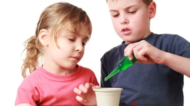 Menino e menina regadas sementes de plantas de solução nutritiva em vaso com solo — Vídeo de Stock