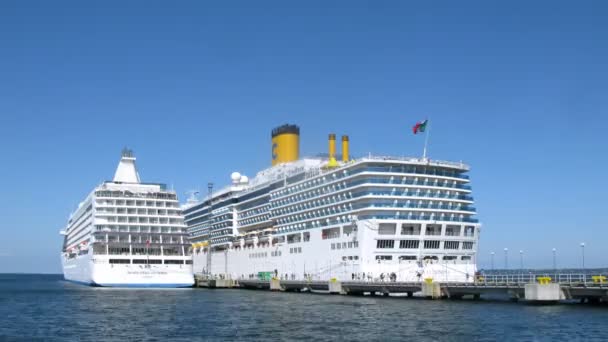 Seven seas voyager och costa luminosa liners på bay — Stockvideo