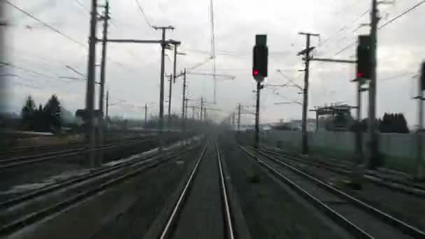 列車は鉄道の近くに沿って電気の本管の居住地域で — ストック動画