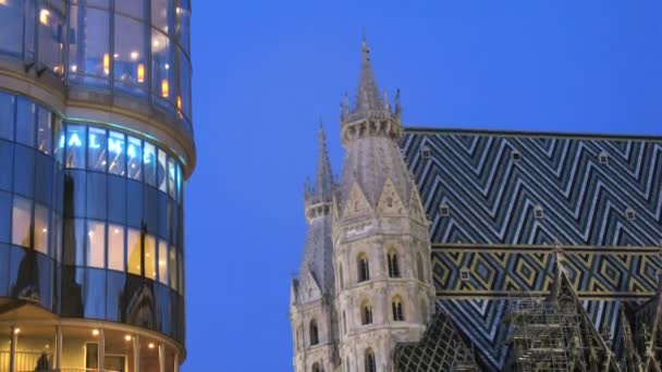 Casa commerciale Haashaus si trova vicino a Stephansdom contro il cielo serale — Video Stock