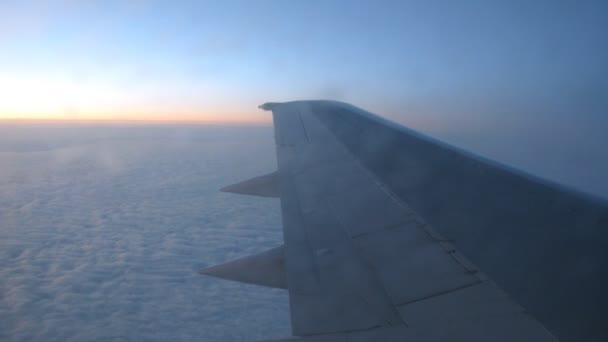 From window of flying plane is visible sunset and clouds — Stock Video