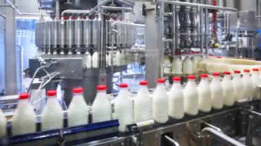 taze süt şişesi dökülür, kırmızı kapaklar vidalı ve tüketiciler için göndermek