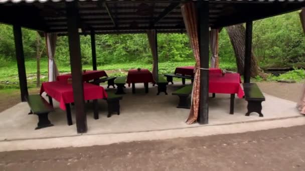 Five tables in bower ashore of small pond at among trees at summer — Stock Video